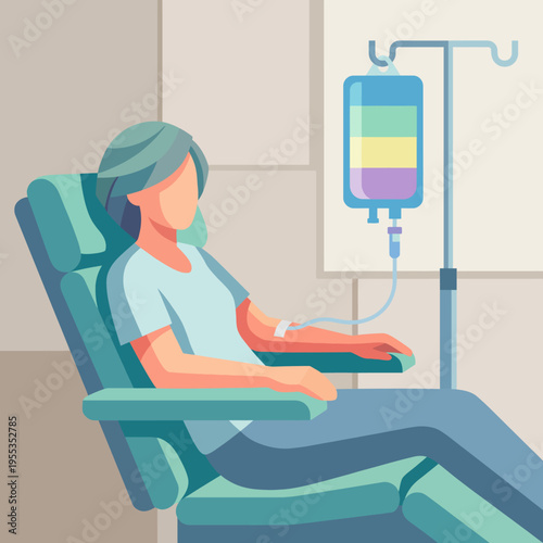 A patient is comfortably seated in a medical chair while receiving intravenous therapy, highlighting the importance of healthcare and the human experience in medical settings.