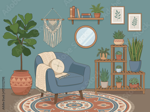 This colorful living room features a comfy chair, decorative plants, and stylish wall art, creating a warm and inviting atmosphere perfect for relaxation and leisure.