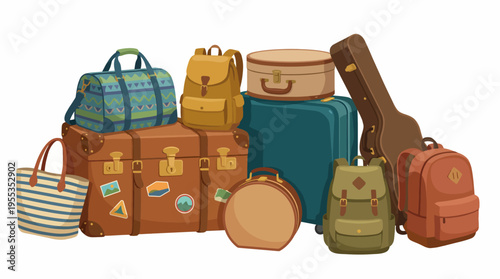 A vibrant assortment of travel bags, suitcases, and backpacks showcasing different styles and colors, perfect for all your travel adventures and exciting journeys ahead.