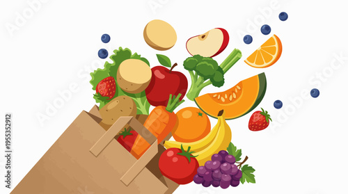 A colorful display of fresh vegetables and fruits spilling out of a paper shopping bag, promoting healthy eating and the joy of grocery shopping for nutritious meals.