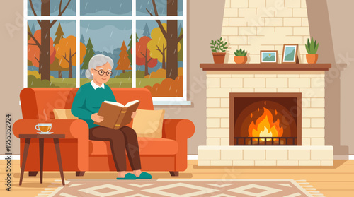 An inviting scene of a woman reading by the fireplace on a rainy day, evoking warmth, tranquility, and the joy of immersing oneself in a good book during chilly weather.