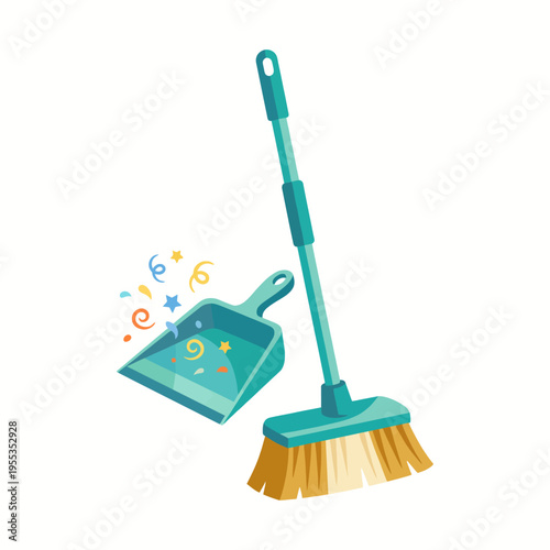 A lively depiction of a broom and dustpan playfully illustrated with confetti and colorful elements that transform everyday cleaning tasks into something cheerful and enjoyable.