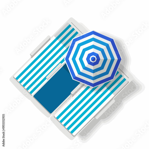 An overhead view of lounge chairs and a blue and white umbrella creates a serene summer vacation vibe, ideal for relaxing by the pool or beach during sunny days.