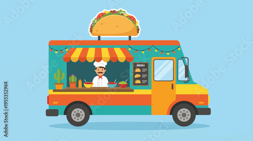 A vibrant food truck adorned with a taco icon, serving delicious meals, invites people to enjoy culinary delights in a lively outdoor atmosphere, appealing to food lovers.