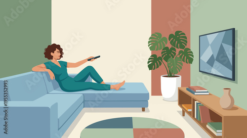 The illustration captures a relaxed setting in a modern living room, featuring a woman lounging on a couch, enhancing the theme of comfort, leisure, and home entertainment.