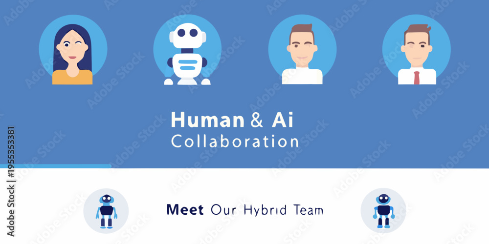 Fototapeta premium Human and ai collaboration illustrated with diverse portraits and robotic figures