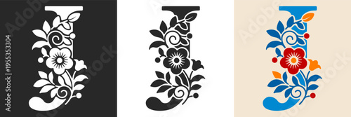 Capital letter J with floral pattern. Letter A with flowers and leaves. Creative alphabet and decorated typography letter. Vintage patterned font. Isolated on white and black. Vector illustration