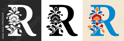Capital letter R with floral pattern. Letter A with flowers and leaves. Creative alphabet and decorated typography letter. Vintage patterned font. Isolated on white and black. Vector illustration