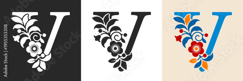Capital letter V with floral pattern. Letter A with flowers and leaves. Creative alphabet and decorated typography letter. Vintage patterned font. Isolated on white and black. Vector illustration