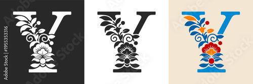 Capital letter Y with floral pattern. Letter A with flowers and leaves. Creative alphabet and decorated typography letter. Vintage patterned font. Isolated on white and black. Vector illustration