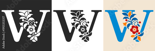 Capital letter W with floral pattern. Letter A with flowers and leaves. Creative alphabet and decorated typography letter. Vintage patterned font. Isolated on white and black. Vector illustration