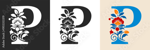 Capital letter P with floral pattern. Letter A with flowers and leaves. Creative alphabet and decorated typography letter. Vintage patterned font. Isolated on white and black. Vector illustration