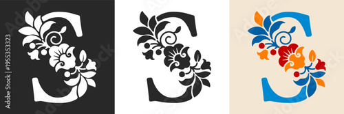 Capital letter S with floral pattern. Letter A with flowers and leaves. Creative alphabet and decorated typography letter. Vintage patterned font. Isolated on white and black. Vector illustration