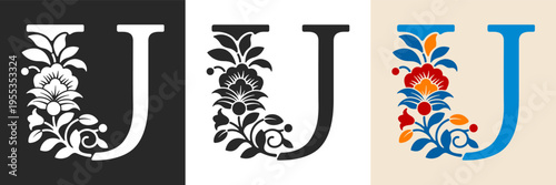 Capital letter U with floral pattern. Letter A with flowers and leaves. Creative alphabet and decorated typography letter. Vintage patterned font. Isolated on white and black. Vector illustration