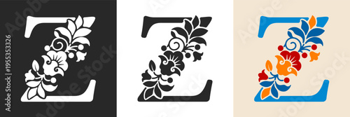 Capital letter Z with floral pattern. Letter A with flowers and leaves. Creative alphabet and decorated typography letter. Vintage patterned font. Isolated on white and black. Vector illustration