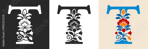 Capital letter T with floral pattern. Letter A with flowers and leaves. Creative alphabet and decorated typography letter. Vintage patterned font. Isolated on white and black. Vector illustration