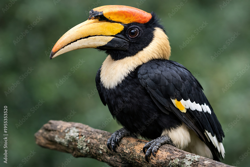 Obraz premium Beautiful exotic hornbill bird with a large colorful beak perched on a tree branch