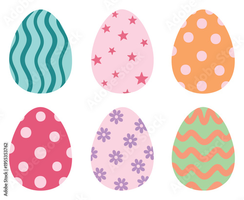 Set of colorful easter eggs with different patterns isolated on white background