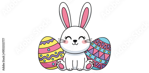 Cute cartoon easter bunny sitting with colorful decorated easter eggs