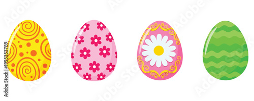 Set of four colorful decorated easter eggs with various patterns