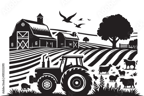 Agriculture farm scenery with tractor and barn silhouette.