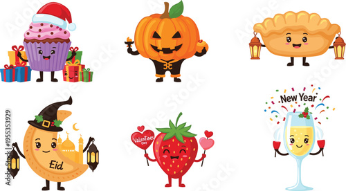 Cute kawaii holiday food characters set with cupcake pumpkin pie strawberry Eid dessert and New Year drink vector illustration collection