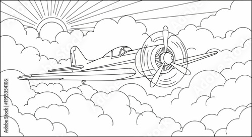 Vintage Propeller Airplane Flying Through Clouds Coloring Page