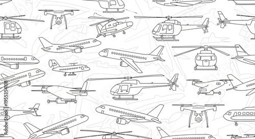 Seamless Pattern of Hand Drawn Airplanes and Helicopters