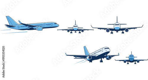 Set of Commercial Airplane Illustrations in Different Flight Positions