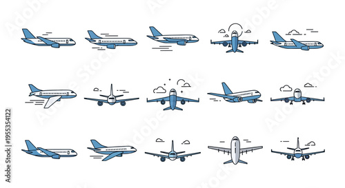 Set of Airplane Icons in Flat Line Style
