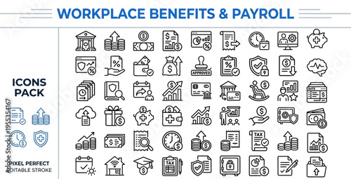 HR Workplace Benefits & Payroll Icon Set Pack — Salary, Insurance, Bonus, Pixel Perfect Editable Vector