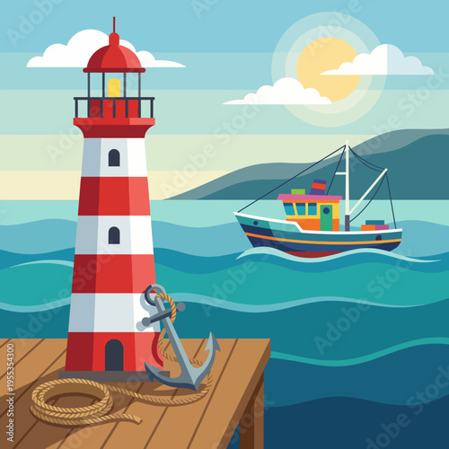 A classic lighthouse standing tall by the shore, guiding ships, with a boat in the water, symbolizing navigation, safety, and maritime adventure.