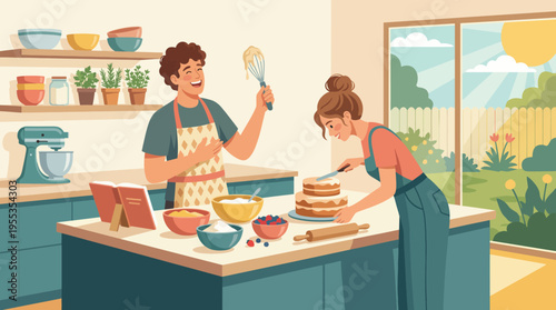 An inviting kitchen scene of a couple happily baking a cake together, highlighting love, collaboration, and the joy of creating delicious memories in a cozy environment.
