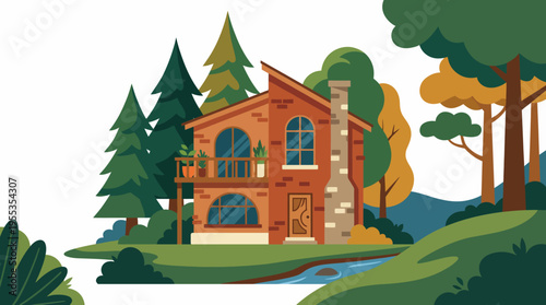 A picturesque house situated within a scenic natural landscape, surrounded by trees and hills, conveying a sense of comfort, tranquility, and a connection to nature.