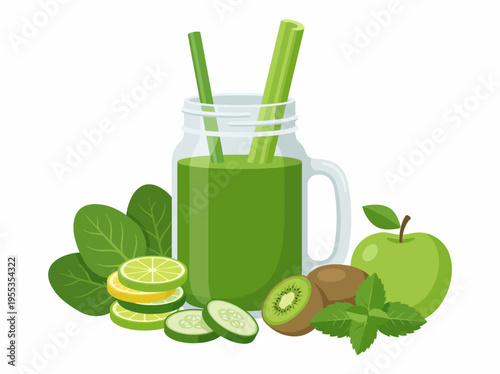 This illustration showcases a vibrant green smoothie packed with wholesome ingredients, highlighting the benefits of healthy and nutritious drinks for well-being.