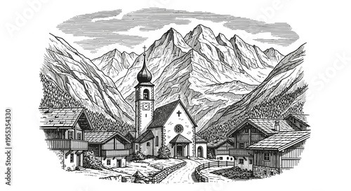 Vintage Engraving of Alpine Village with Church and Mountains