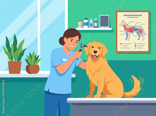 This illustration captures a veterinarian examining a cheerful golden retriever, illustrating the important bond between pet care professionals and our beloved animal companions.