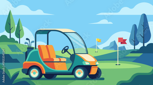 A modern golf cart is parked on a picturesque golf course, surrounded by lush greenery and blue skies, capturing the essence of leisure and outdoor enjoyment.