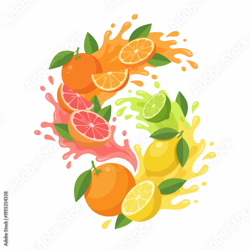 A vibrant design featuring juicy oranges, lemons, and limes, with splashes of colorful juice, celebrating the zesty freshness and vitality of citrus fruits.