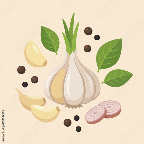 An artistic representation of garlic cloves and seasoning spices surrounded by green leaves, evoking culinary creativity and the essence of flavorful cooking.