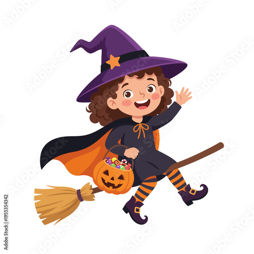 A charming illustration of a young witch dressed in Halloween attire, cheerfully riding her broomstick while holding a pumpkin filled with treats, embodying festive fun.