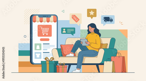 An illustration featuring a woman enjoying online shopping with a smartphone, reflecting the modern convenience of e-commerce and mobility in today's consumer society.