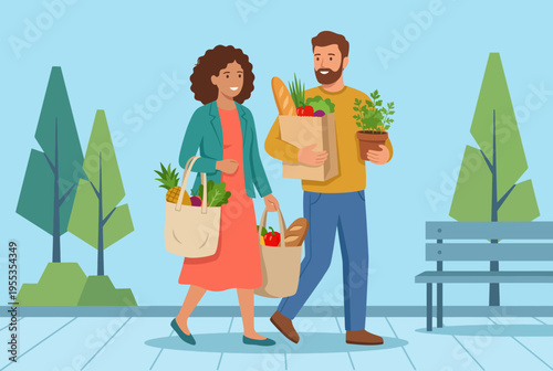 A cheerful scene depicting a couple happily shopping together, carrying groceries and plants, representing companionship and shared joy in daily life activities.