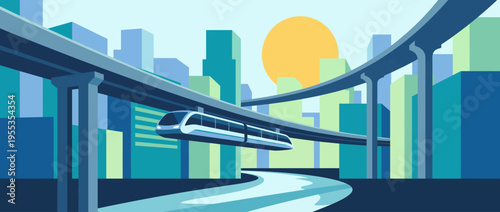 A vibrant illustration of a futuristic monorail seamlessly gliding through a modern cityscape, highlighting the harmony between urban transportation and architecture.
