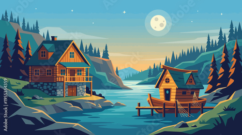 A peaceful scene featuring wooden cabins by a river, surrounded by mountains and trees under a moonlit sky, inspiring tranquility and a connection with nature.