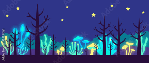 A stunning representation of a mystical forest illuminated at night, showcasing vibrant trees, mushrooms, and an array of colorful plants against a starry sky.