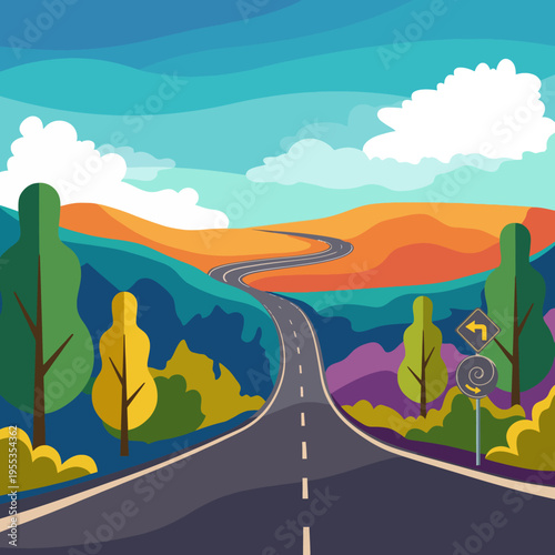 A beautifully stylized winding road stretches through vibrant hills and lush trees, symbolizing adventure, discovery, and the journey that lies ahead in life.