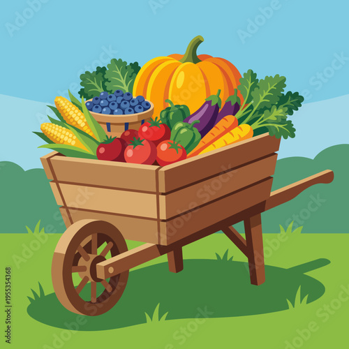 A colorful and vibrant wheelbarrow overflowing with fresh vegetables, representing abundance and the joy of gardening while showcasing the beauty of organic produce.