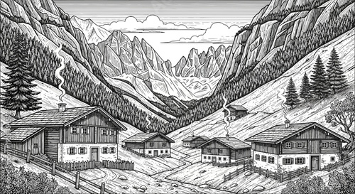 Black and White Alpine Village Illustration with Mountain Landscape