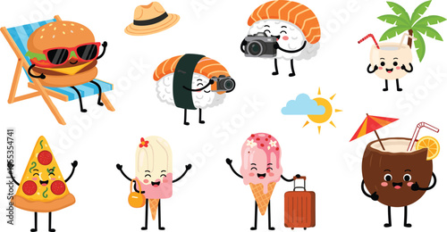 Cute summer vacation food characters set with burger sushi pizza ice cream coconut travel holiday cartoon vector illustration collection
